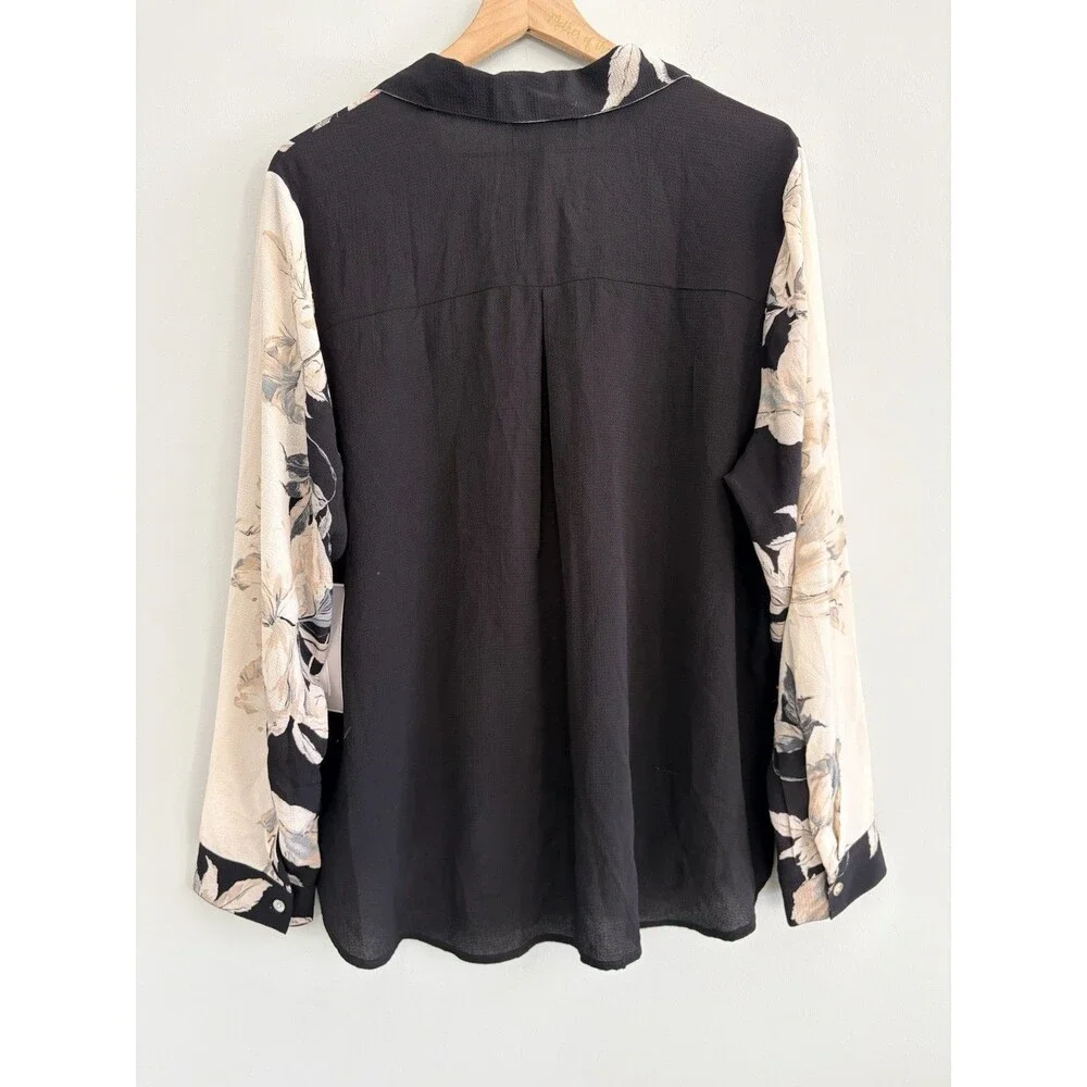 Roz & Ali Blouse Black Floral Tie Front Long Sleeve Button Top New - Picture 6 of 6